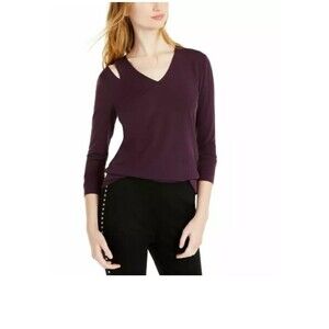 INC Tee Shirt Top Blackberry Cutout Long Sleeve Casual  XS